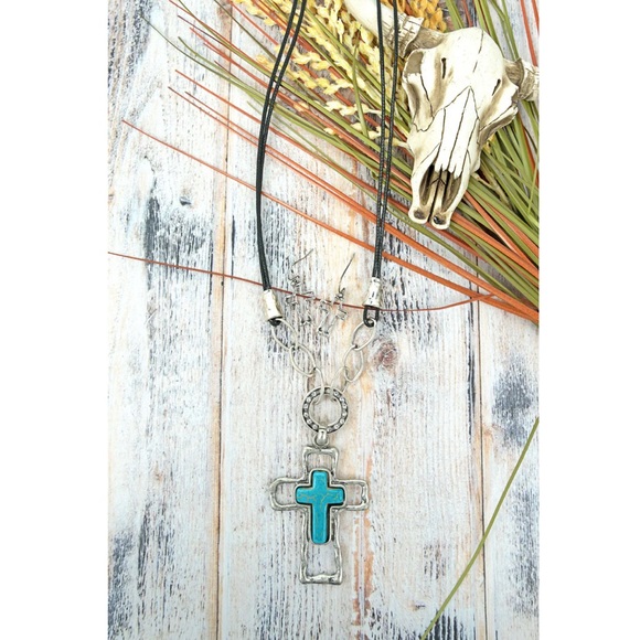 Turquoise and Silvertone Kearny Cross Necklace - Picture 2 of 2